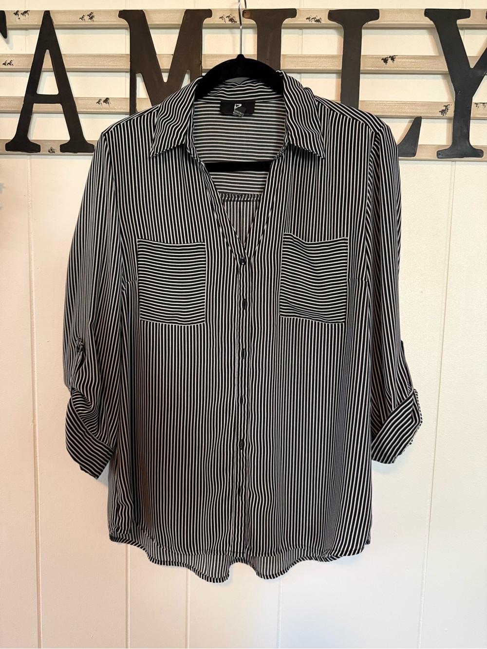 Iz Byer Black and White Striped Button Down Top